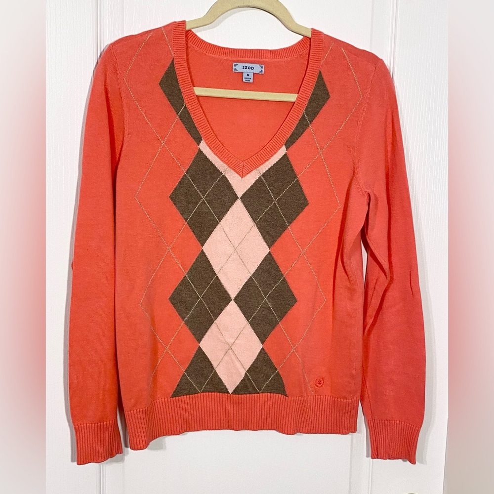 Y2K Izod Argyle V-Neck Lightweight Cotton Sweater Coral Pink Brown Size Medium